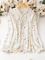 Boho Blouse Floral Ruffle Trim Tie Front Mock Neck Top