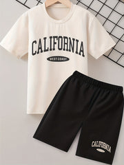 2pcs Boys California Print Tee & Shorts Set Summer Outfits