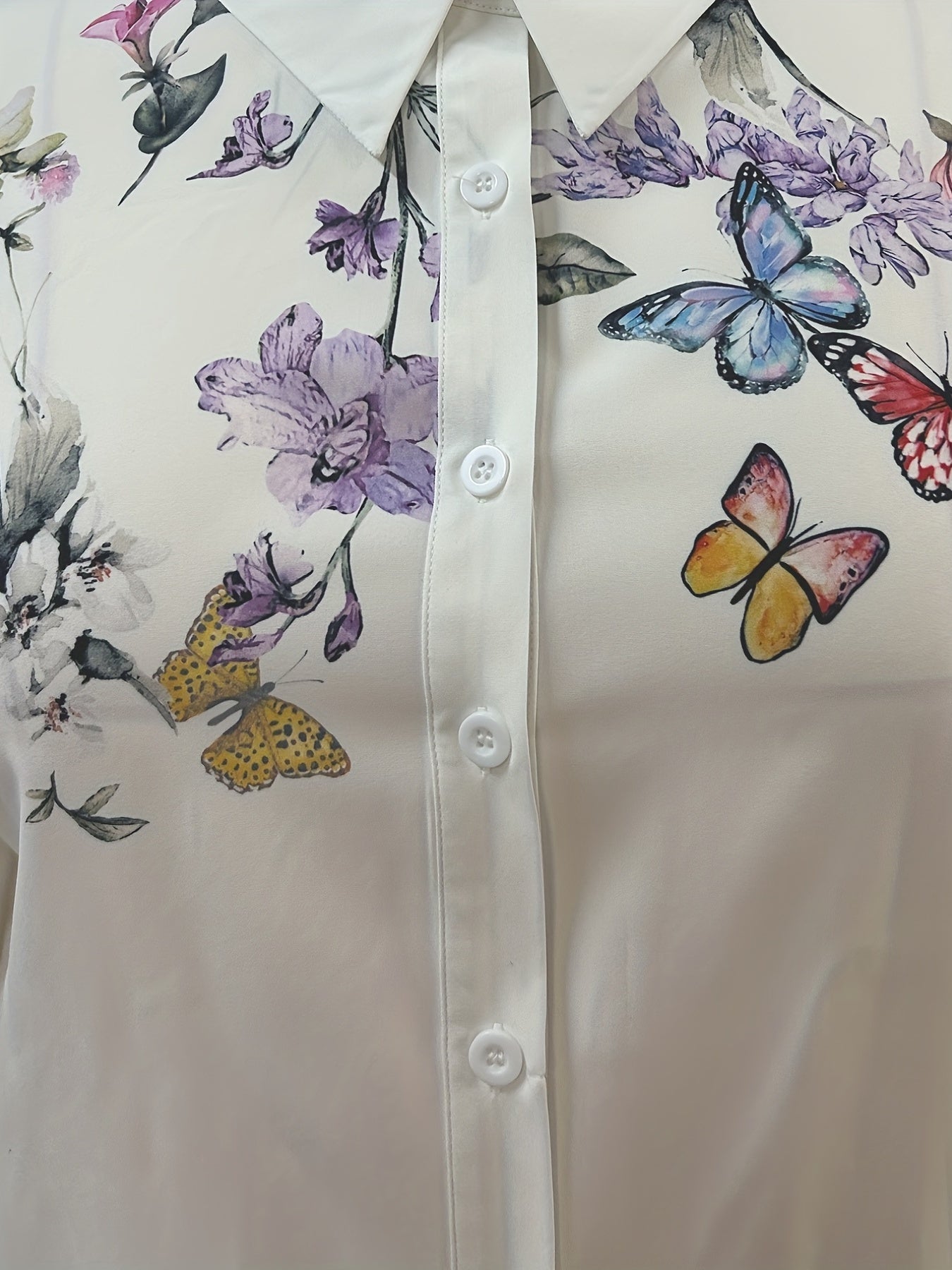 Women's Plus Butterfly & Floral Print Button Up Long Sleeve Blouse