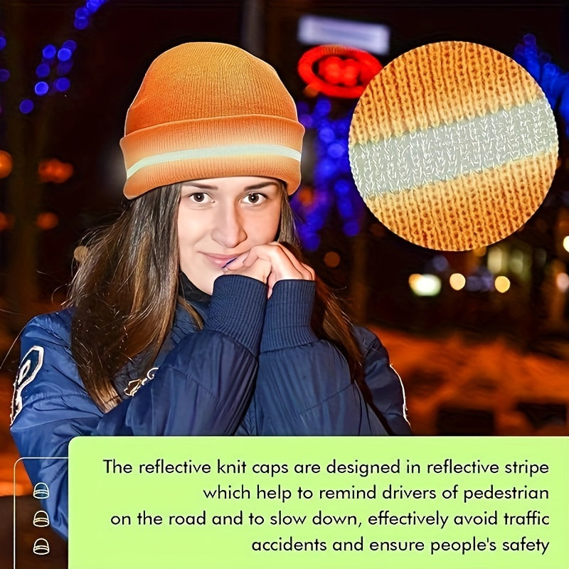 Reflective Stripe Knitted Hat Safety Winter Cap