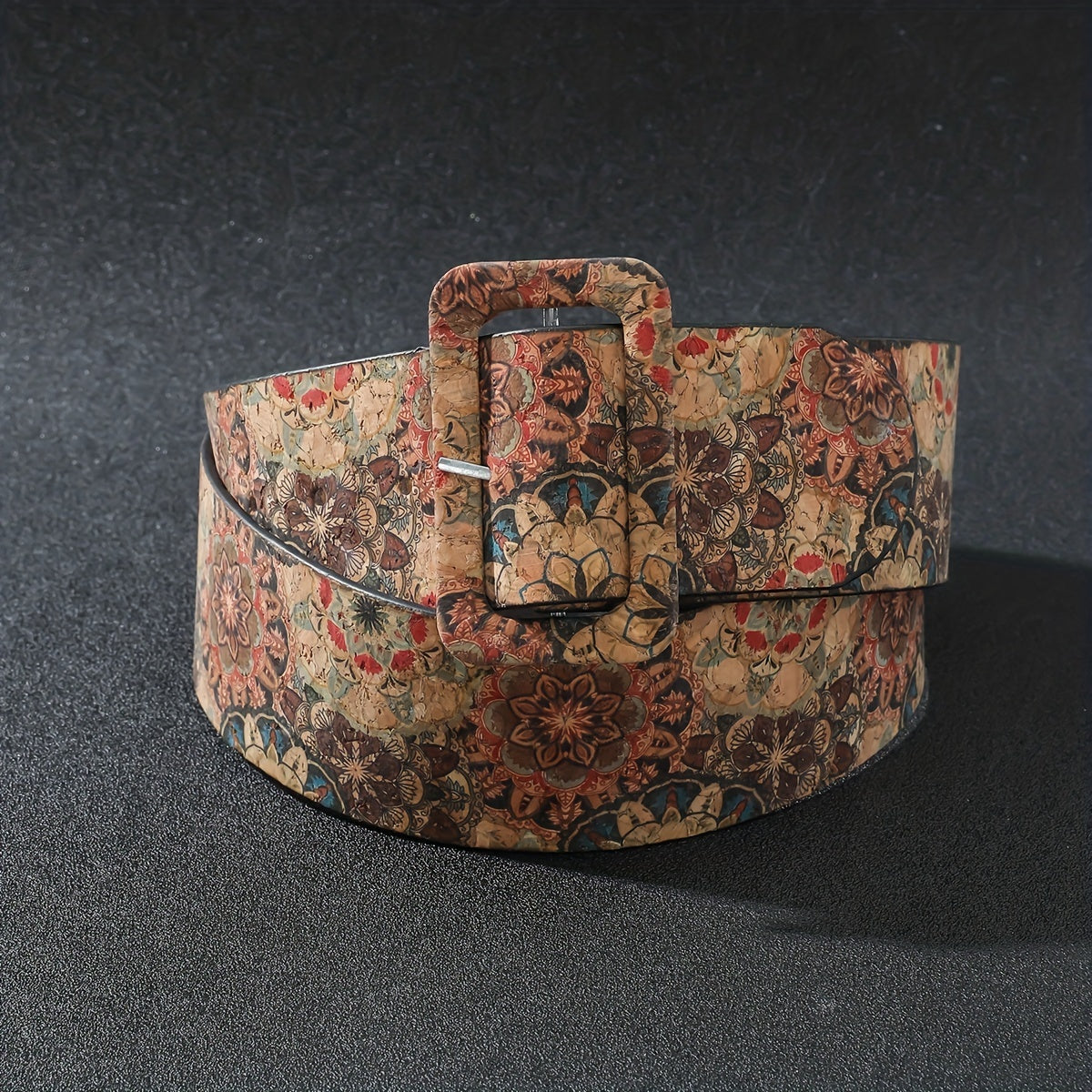 Flower Pattern Faux Leather Belt Boho Rectangular Buckle
