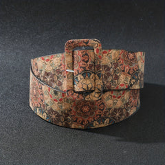 Flower Pattern Faux Leather Belt Boho Rectangular Buckle