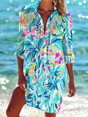 Abstract Print Button Up Long Sleeve Shirt Dress