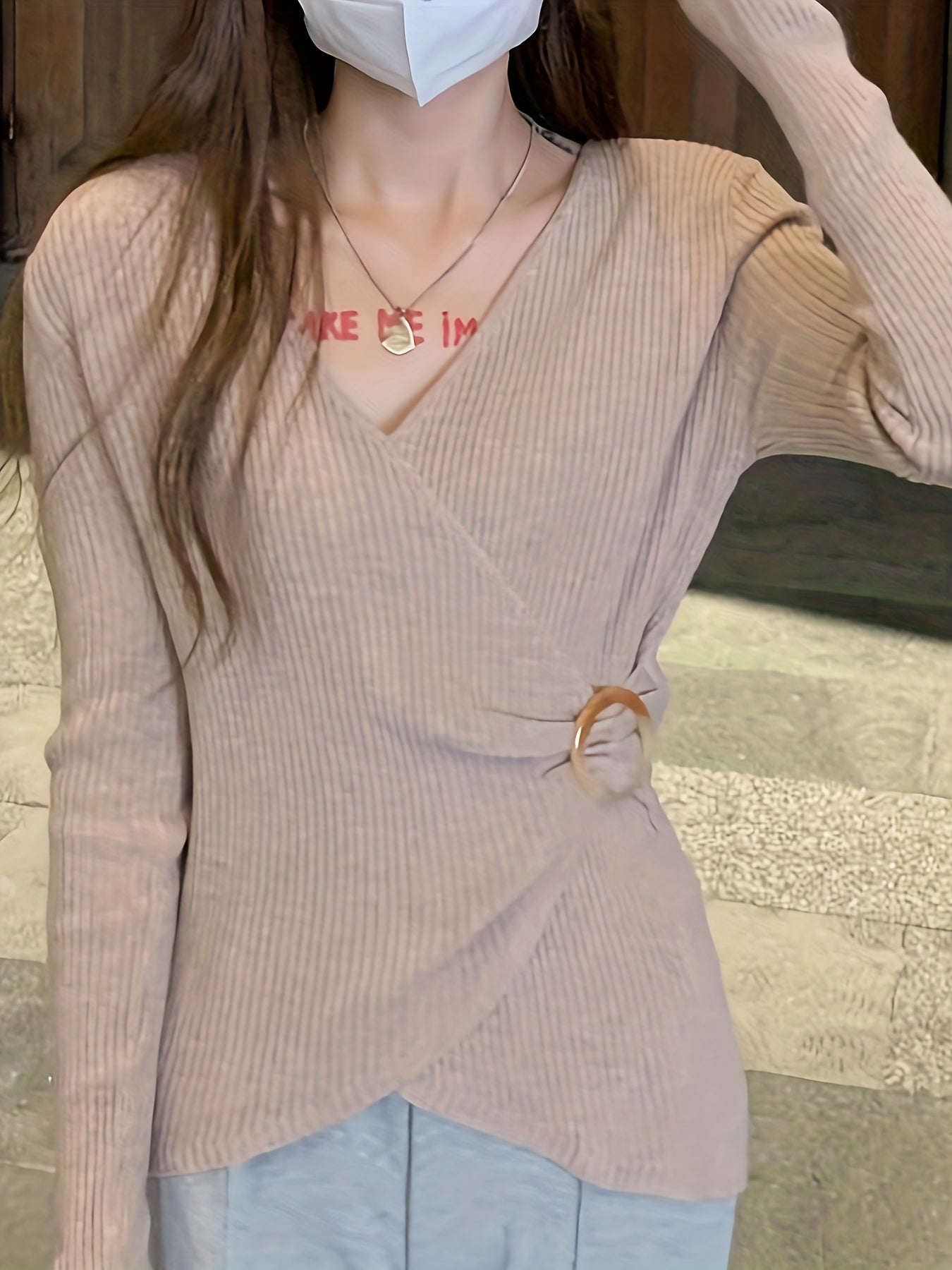 Solid Knit Sweater Casual Surplice Neck Long Sleeve Sweater Women's Clothing