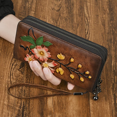 Floral Print Cowhide Wallet with Wrist Strap RFID Blocking