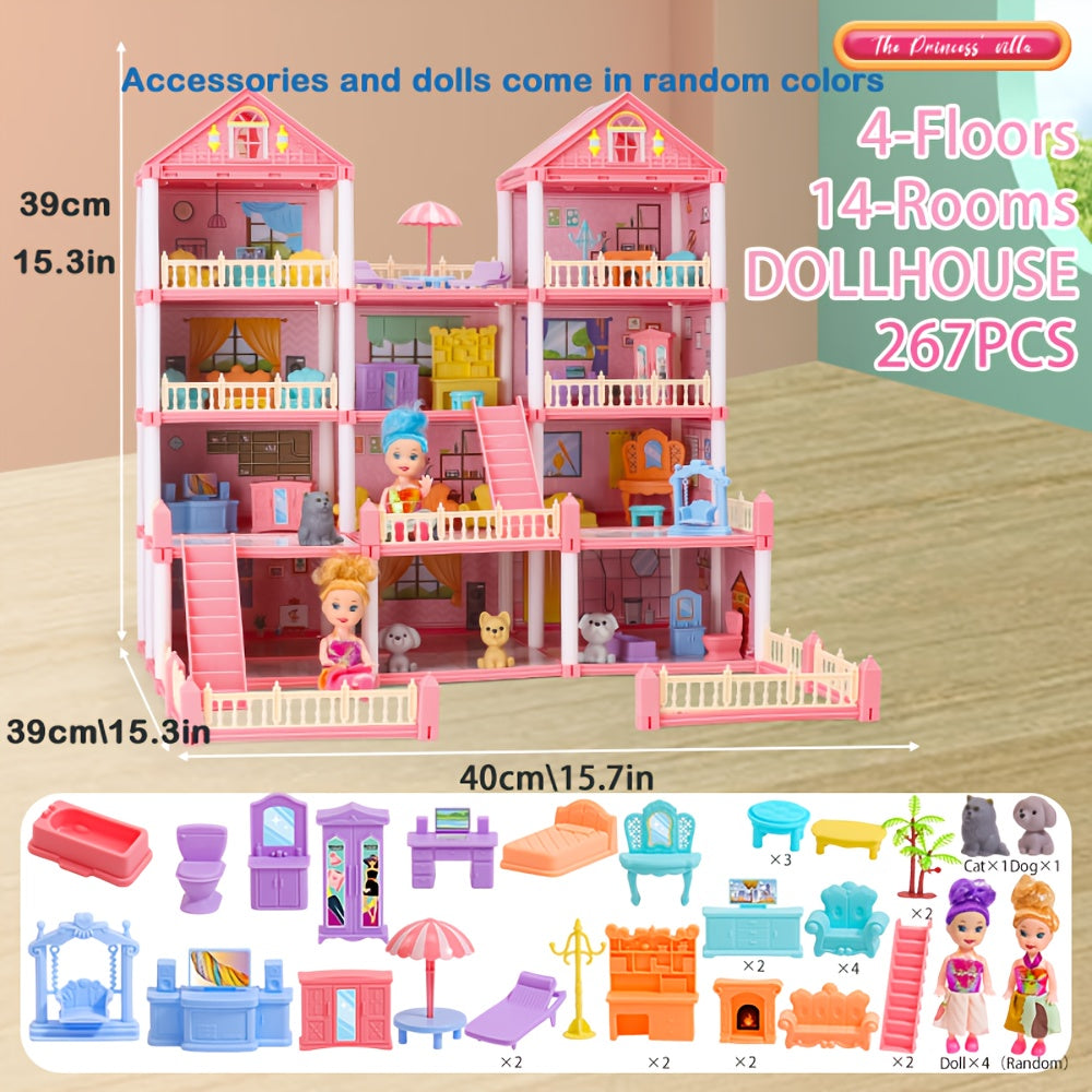 4-Layer Dollhouse Toy Set for Girls - Large Villa DIY Building Kit