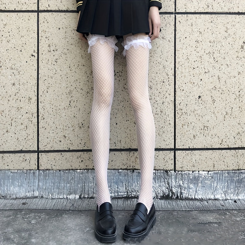 Ruffle Fishnet Thigh High Stockings Hollow Out Over The Knee Socks