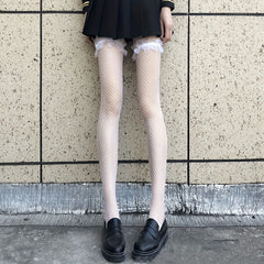 Ruffle Fishnet Thigh High Stockings Hollow Out Over The Knee Socks