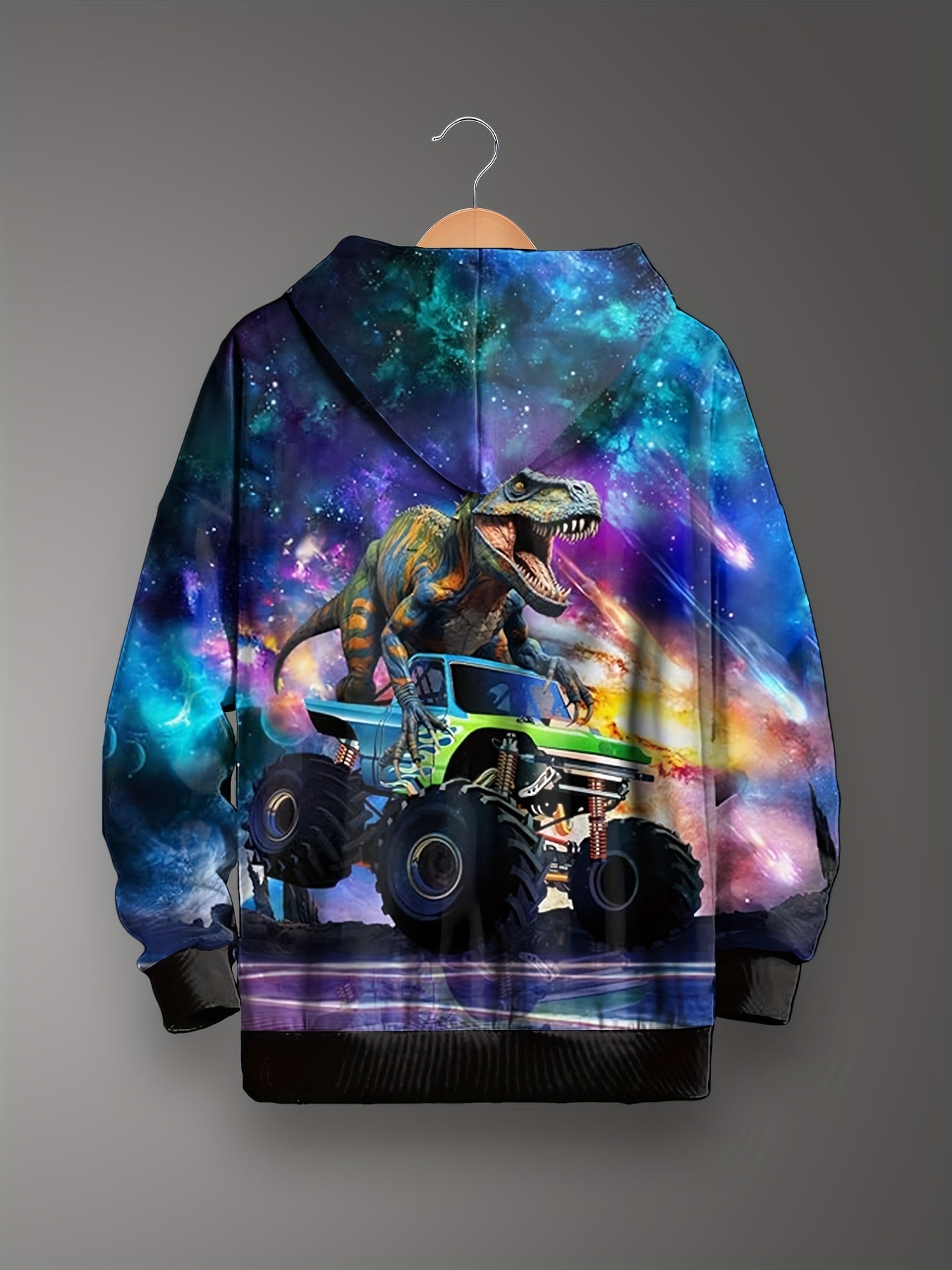 Dino Truck Print Starry Sky Hooded Sweatshirt for Kids