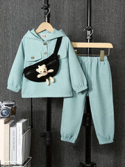 3pcs Teen Casual Pocket Front Hoodie & Pants & Sling Bag Set