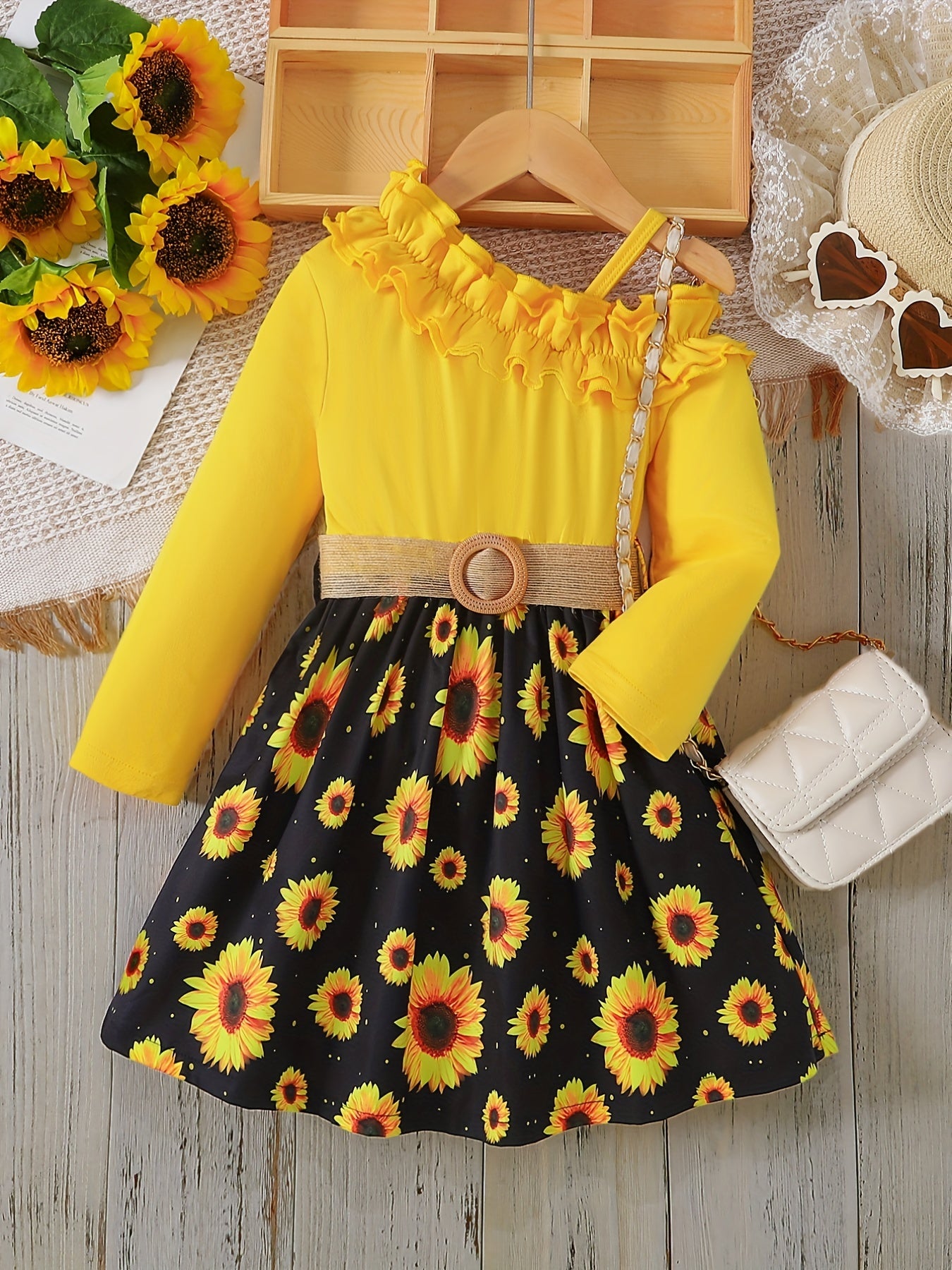Girls' Sunflower Frill One Shoulder Dress Set & Belt