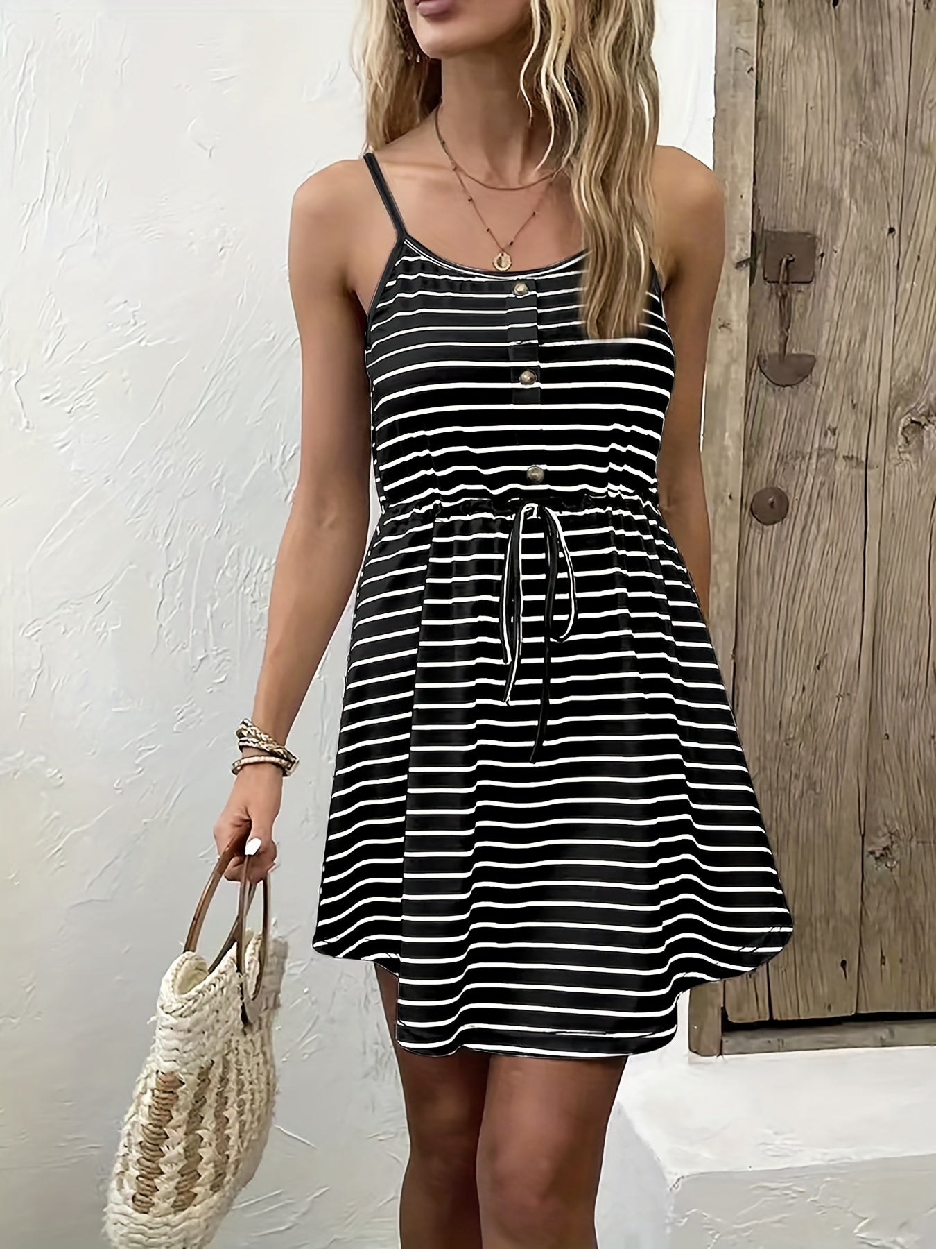 Striped Button Front Cami Dress with Drawstring Waist