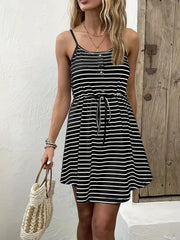 Striped Button Front Cami Dress with Drawstring Waist