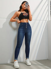 Dark Skinny Jeans Slim Fit Button Casual Denim Pants