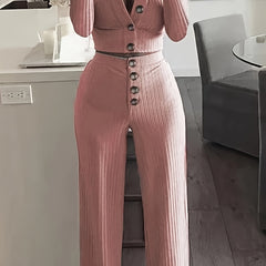 Solid Ribbed Lounge Set Long Sleeve Top & Pants Women's Loungewear