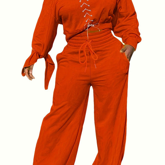 Solid Knot One Shoulder Top & Wide Leg Pants Outfit