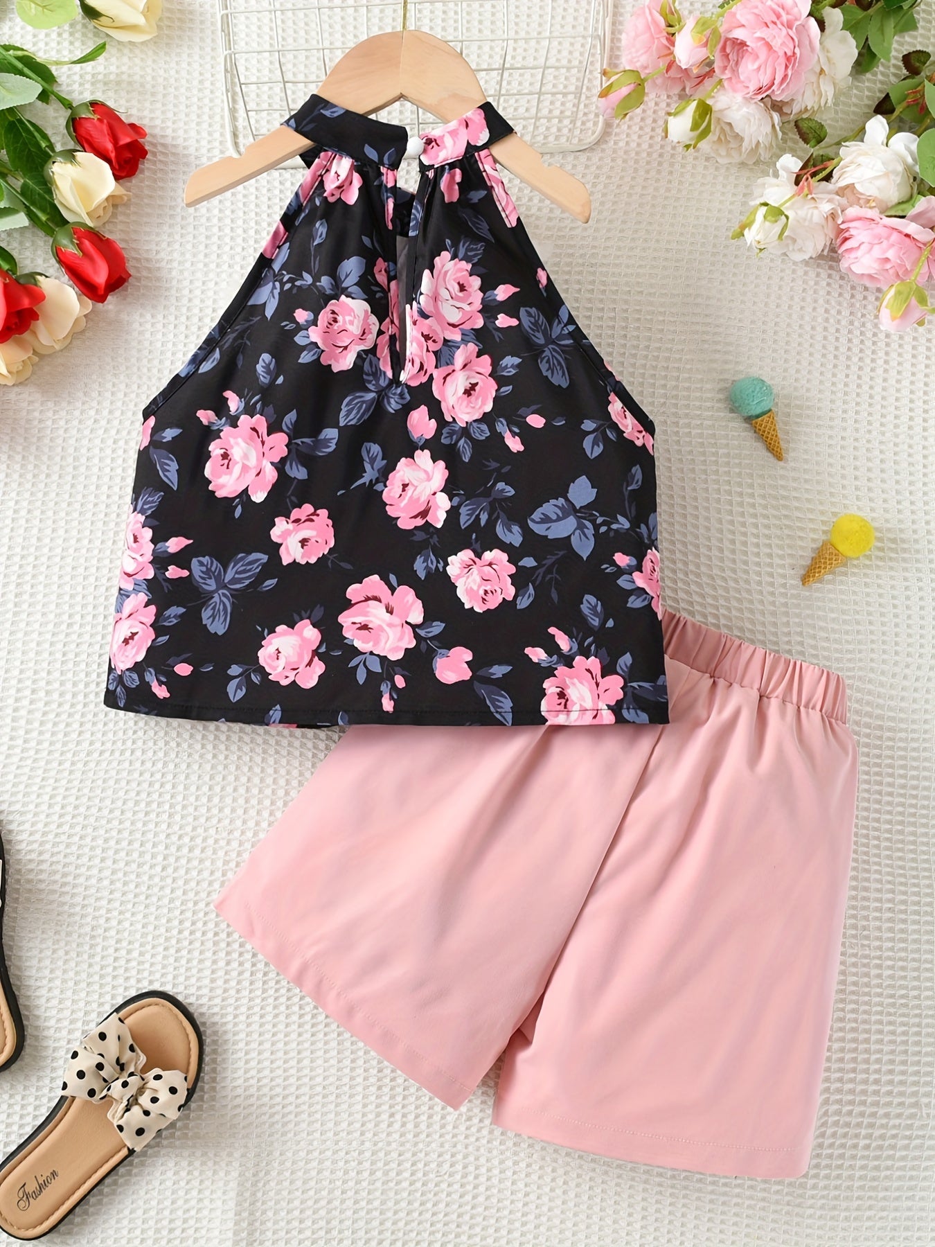 2pcs Girls Floral Halter Top & Button Shorts Set Summer Clothes