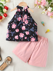 2pcs Girls Floral Halter Top & Button Shorts Set Summer Clothes