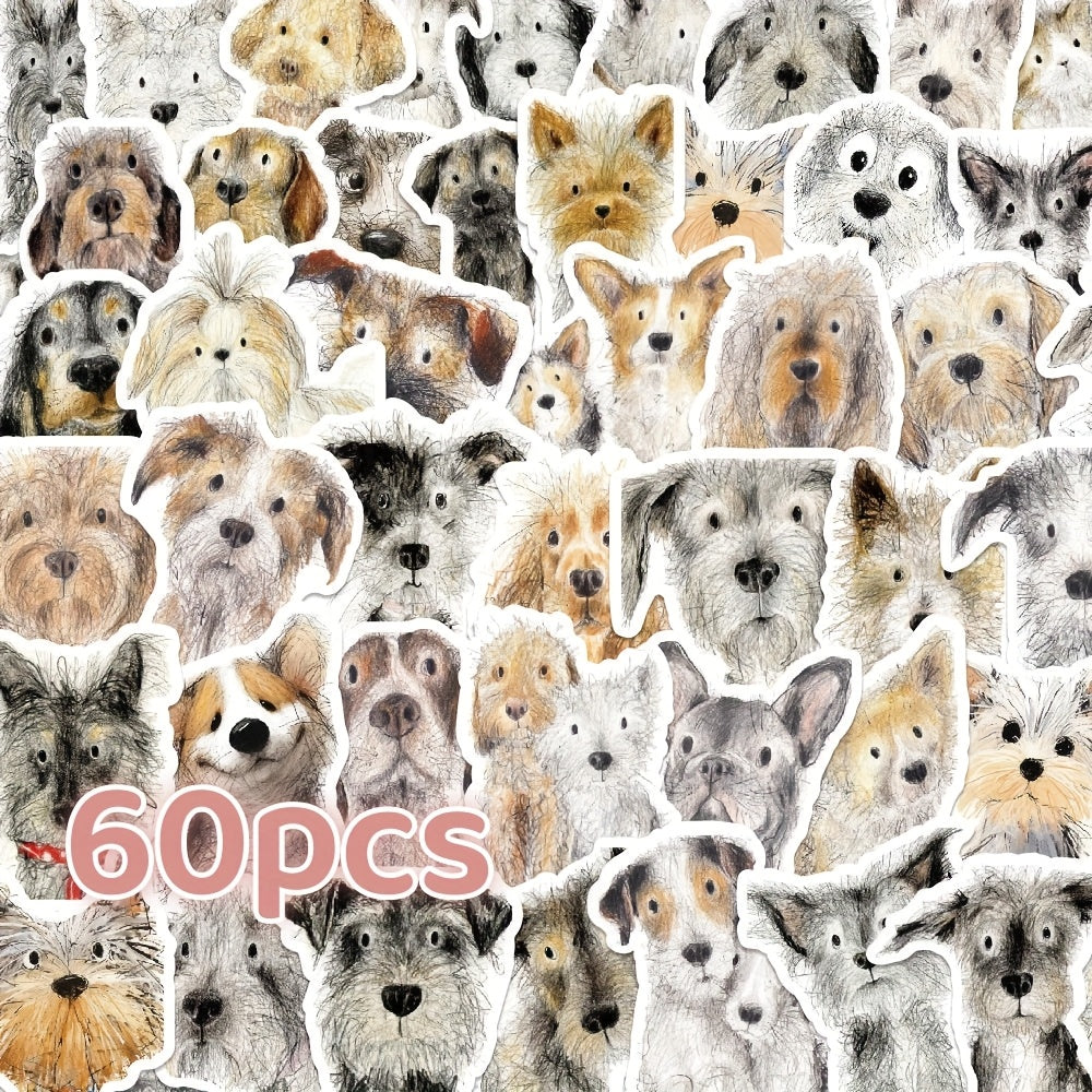 60 Dog Sketch Stickers Reusable Cartoon Pet Decals, Assorted Designs Self Adhesi