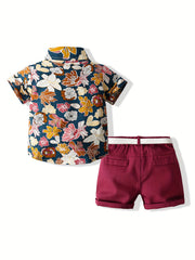 Boys Flower Outfit Shirt & Shorts & Belt Casual Summer Kids Clothes