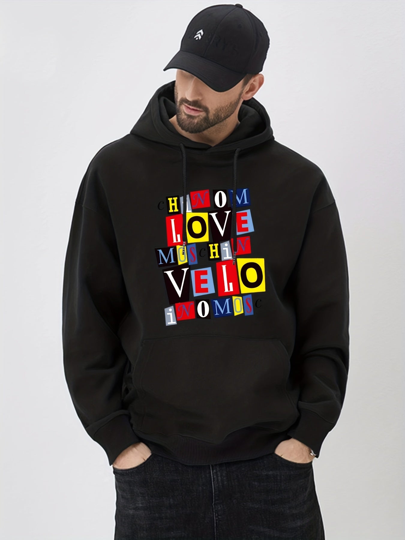 HI MOM LOVE Letter Print Hoodie Men's Casual Graphic Pullover Hooded Sweatshirt