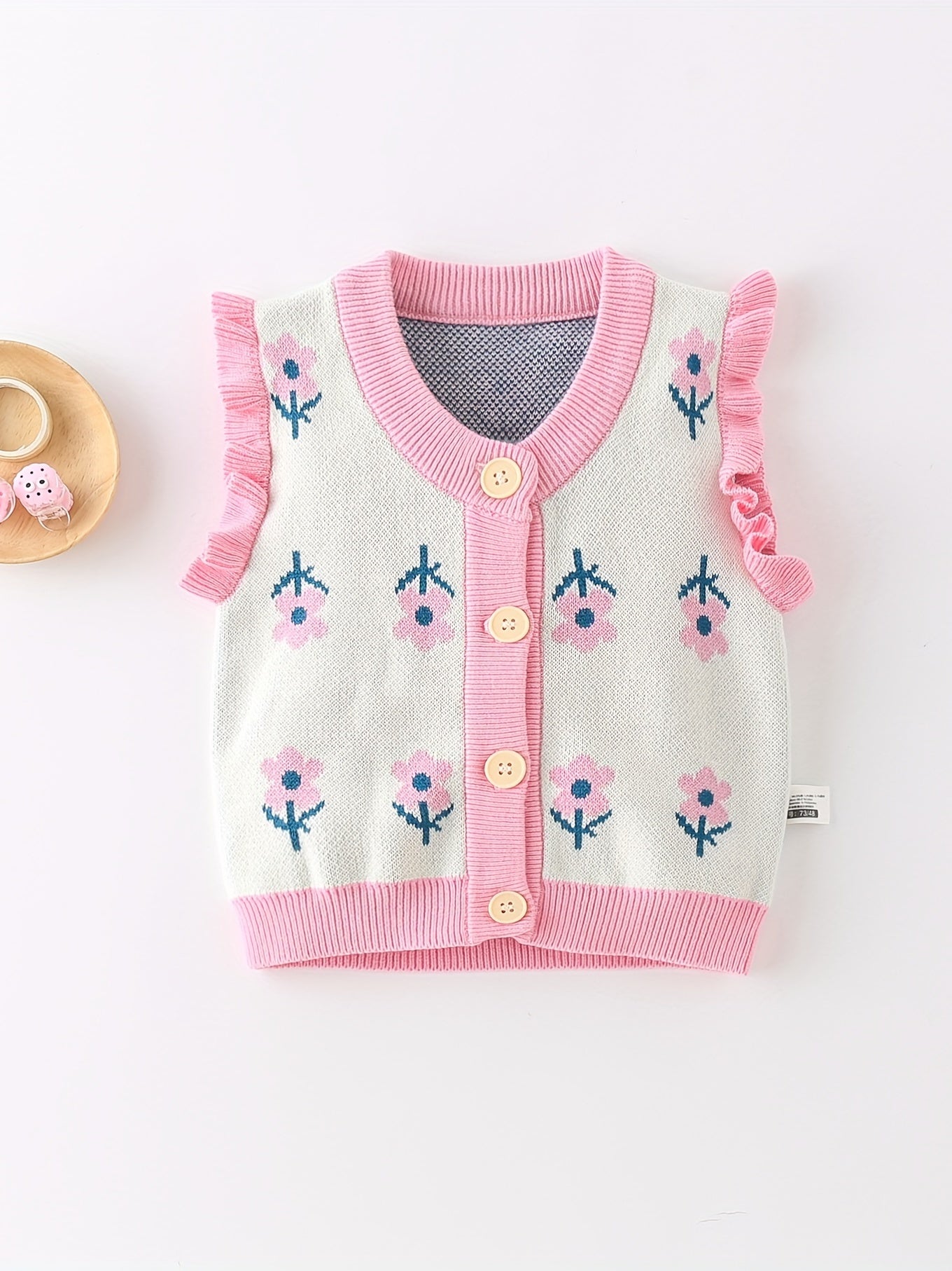 Baby Girl Knitted Sweater Vest Ruffle Trim Flower Print Cardigan Vest
