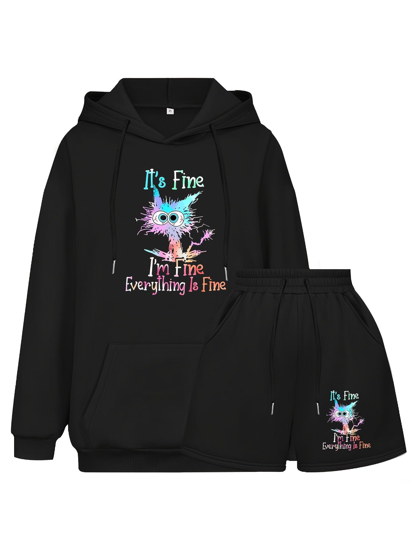 Women's Slogan & Cat Print Hoodie & Shorts Set