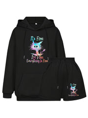 Women's Slogan & Cat Print Hoodie & Shorts Set