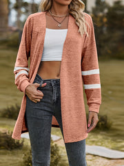 Casual Cardigan Women's Plus Stripe Print Long Sleeve Open Front
