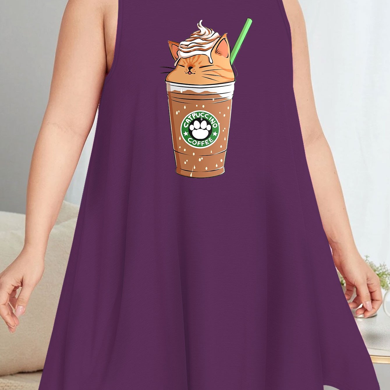 Coffee & Cat Print Tank Sleep Dress