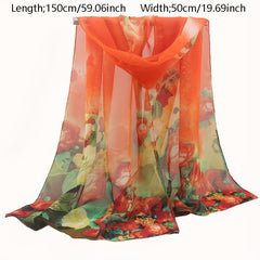 Vintage Gradient Chiffon Scarf Boho Flower Print Breathable Gauze Shawl