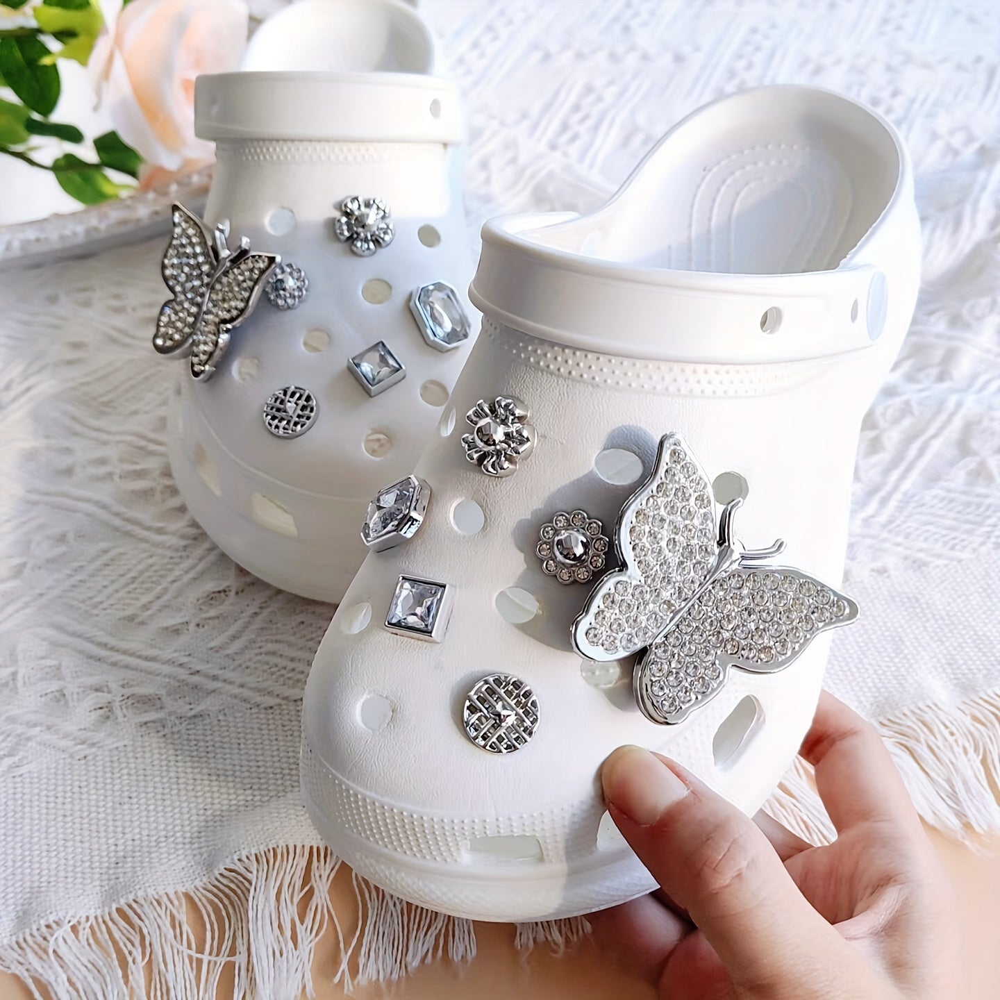 14pcs Clog Accessories Silver Butterfly Sunflowers Chains for Women's Clogs