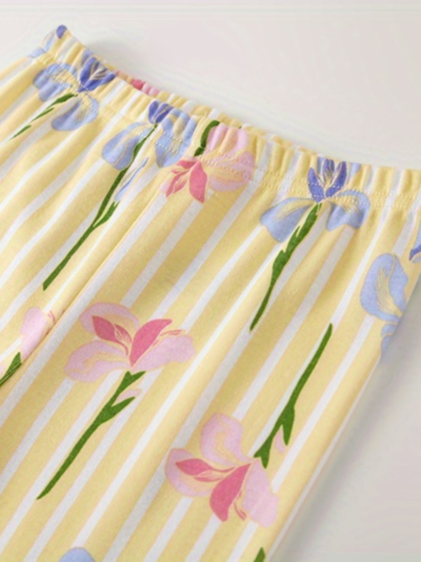 Girl's 2pcs Pajama Set Floral Stripe Print Loungewear 100% Cotton