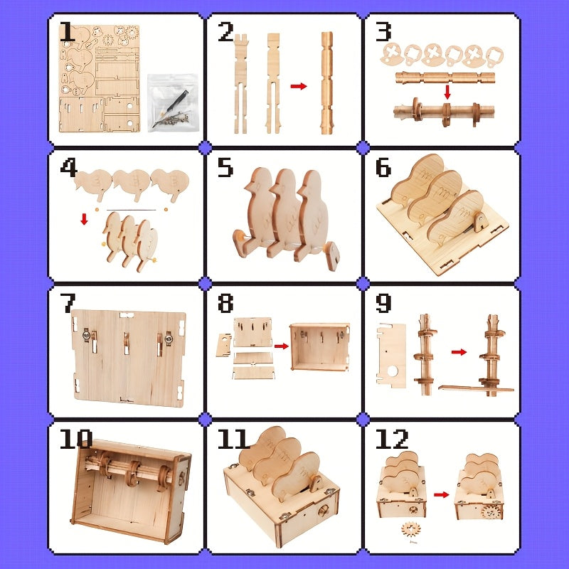 Wooden Chicken Pecking Rice Puzzle Toy with Linkage Gear Shake Handle