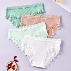 4pcs Lace Trim Ribbed Briefs Stretchy Intimates Panties