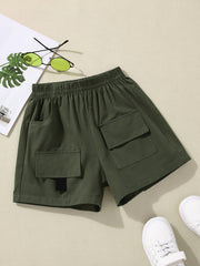 Girls Cotton Elastic Waist Sports Cargo Shorts With Pockets