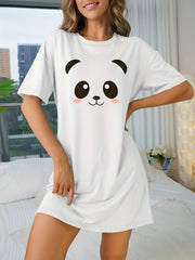 Panda Print Nightdress Short Sleeve Crew Neck Pajama Dress Women's Sleepwear