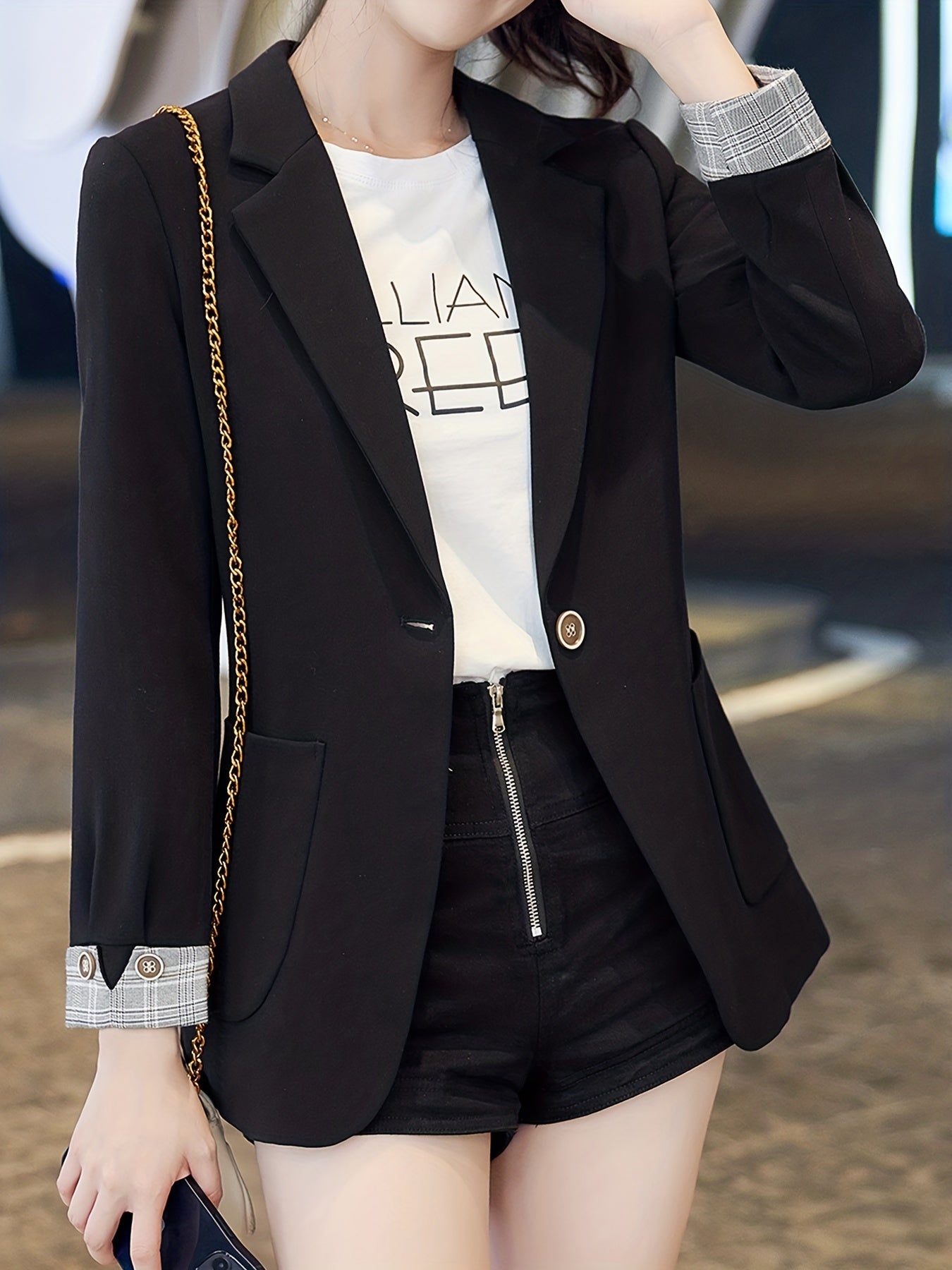 Solid Button Front Roll Up Blazer Casual Long Sleeve Blazer