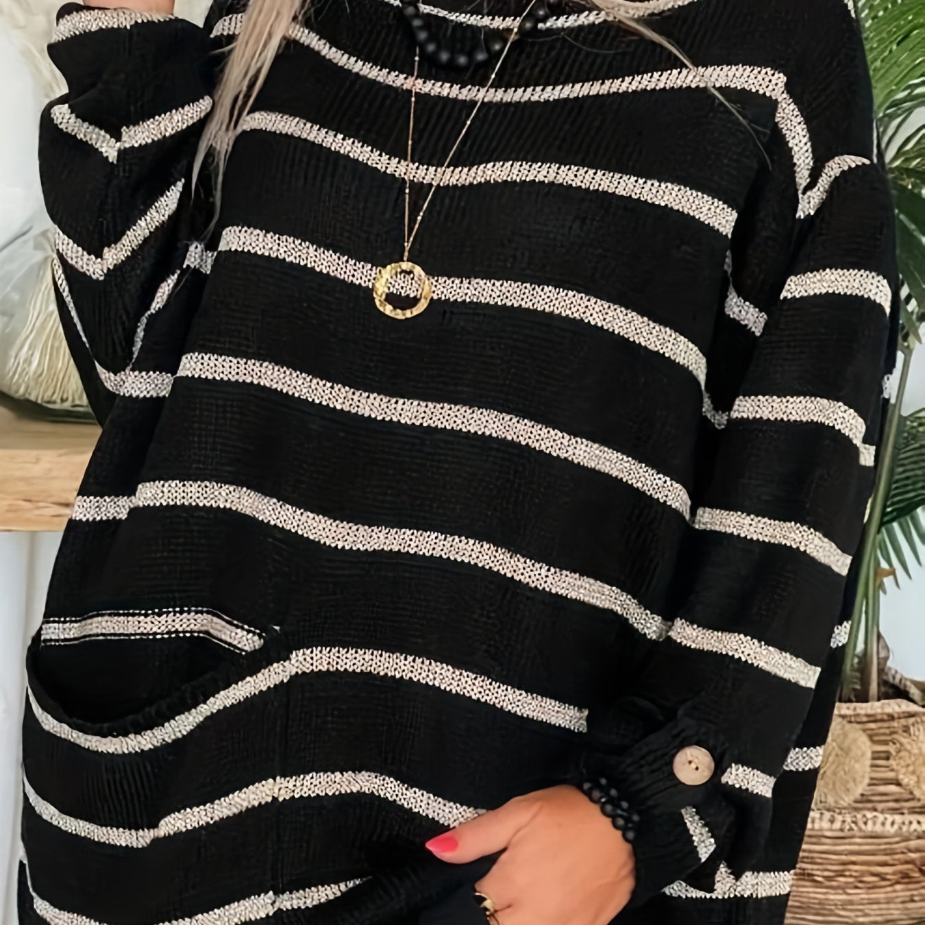 Casual Sweater Women's Plus Stripe Print Boat Neck Jumper
