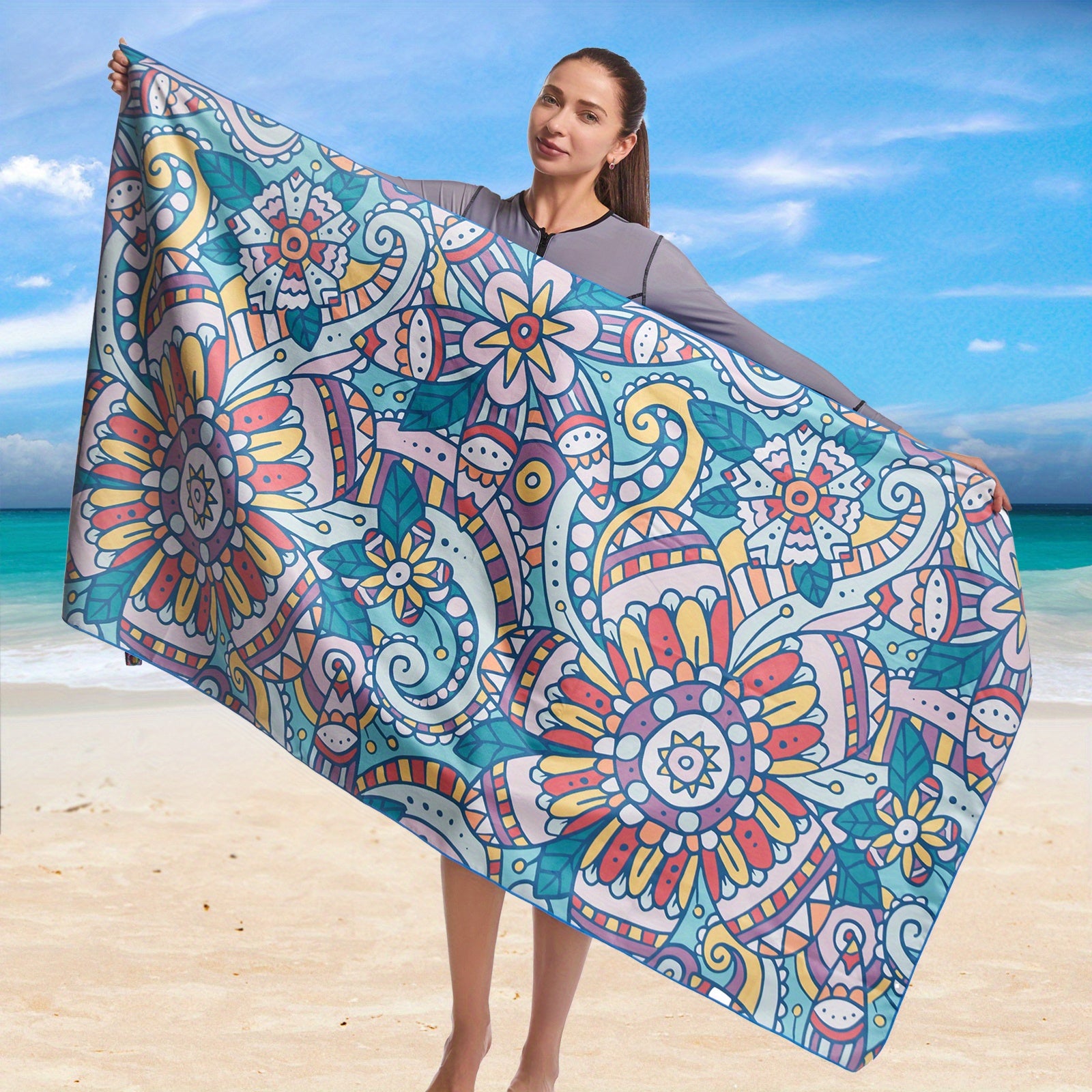 Microfiber Quick Drying Beach Towel With Carrying Bag - Bohemian Print