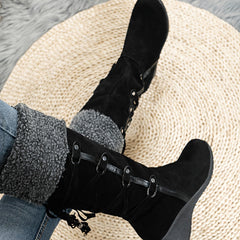 Women's Wedge Knee High Boots Cross Strap Back Lace Up Tassel Plush Comfy Shoes