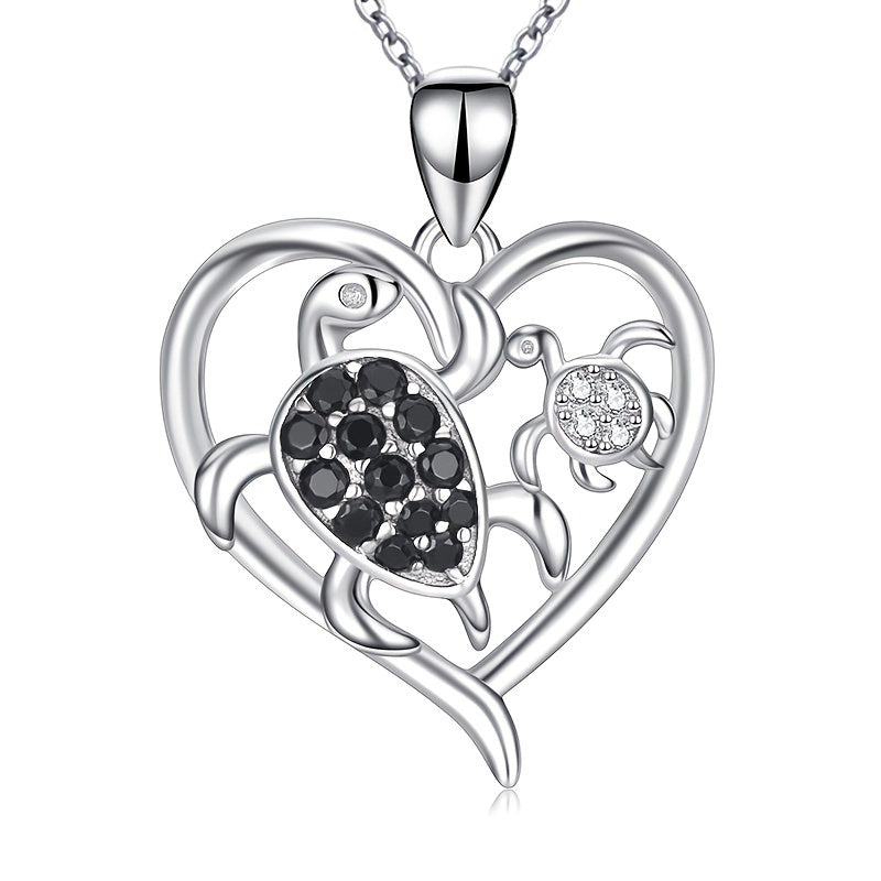 Mother Child Turtle Rhinestone Heart Pendant Necklace