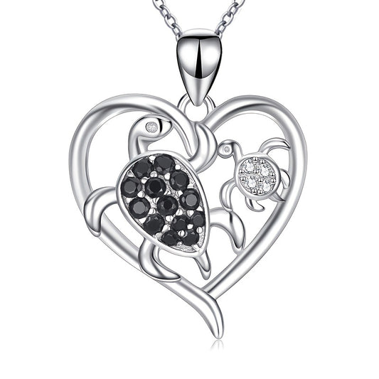 Mother Child Turtle Rhinestone Heart Pendant Necklace