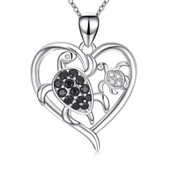 Mother Child Turtle Rhinestone Heart Pendant Necklace