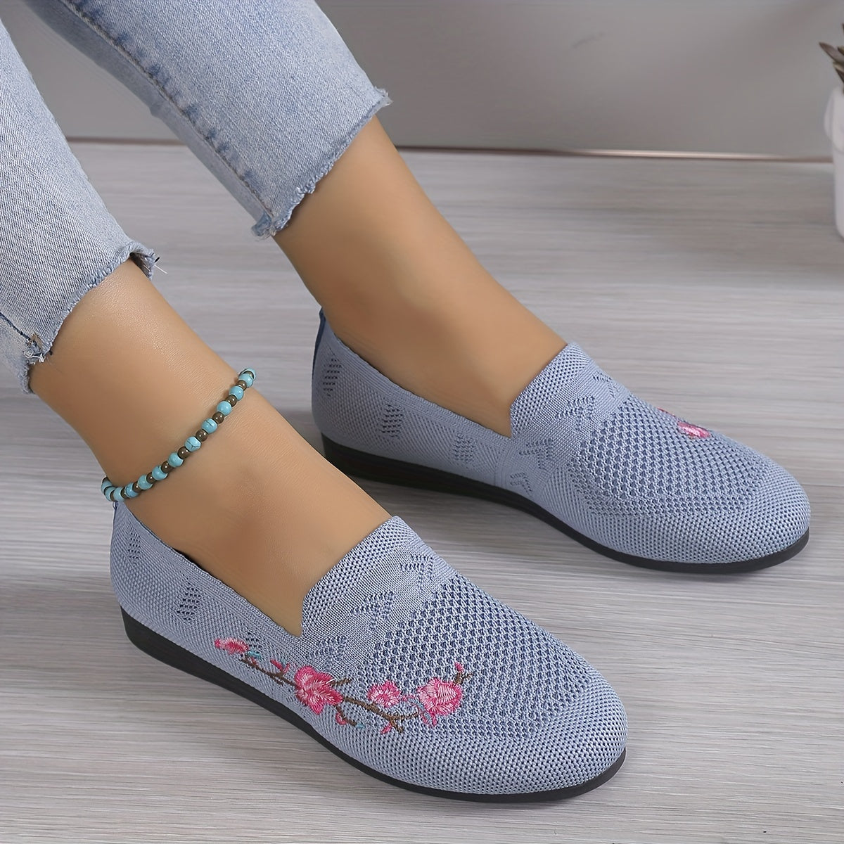Floral Embroidered Flat Shoes Knit Slip On Casual Flats