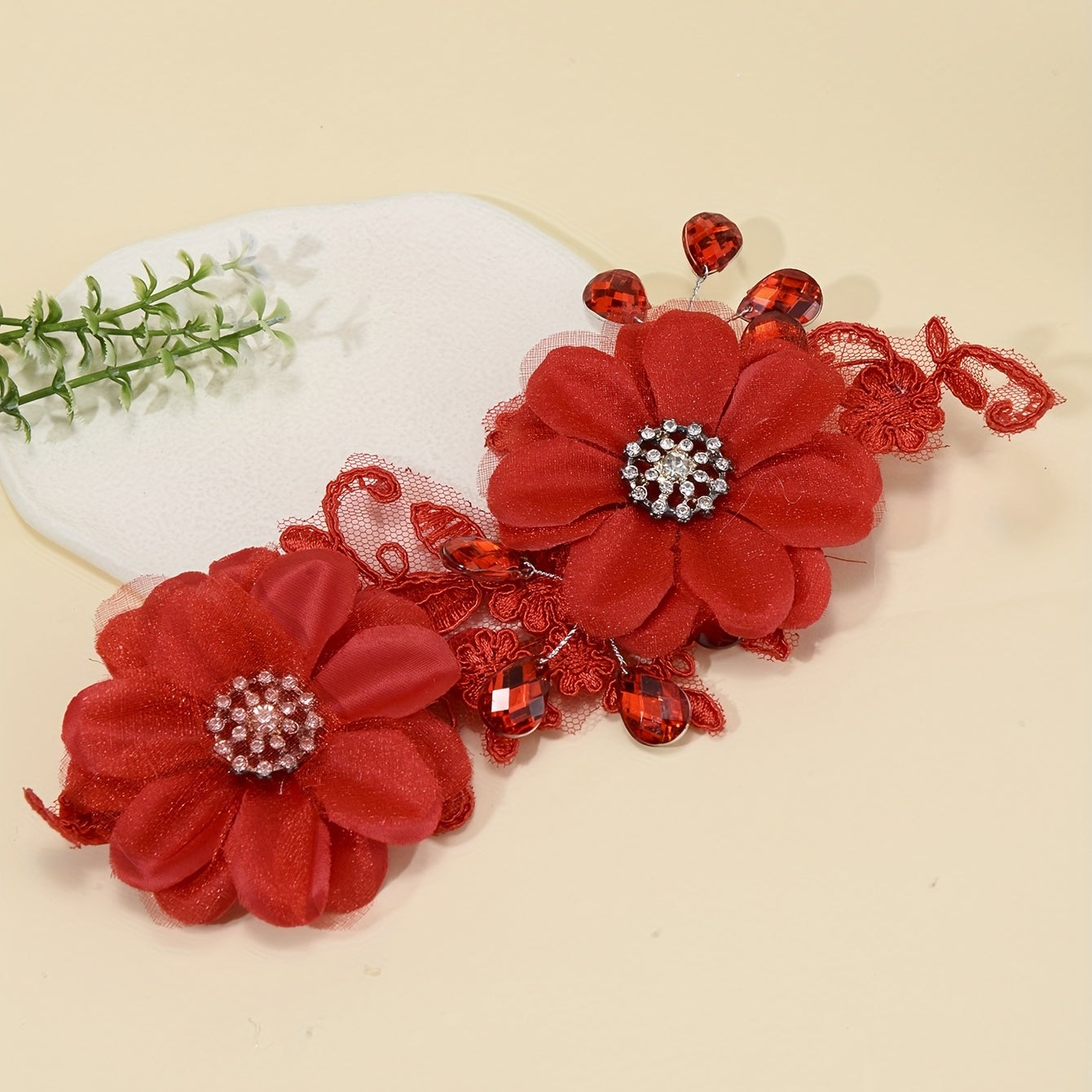 Red Flower Head Piece Rhinestone Bridal Hair Accessories