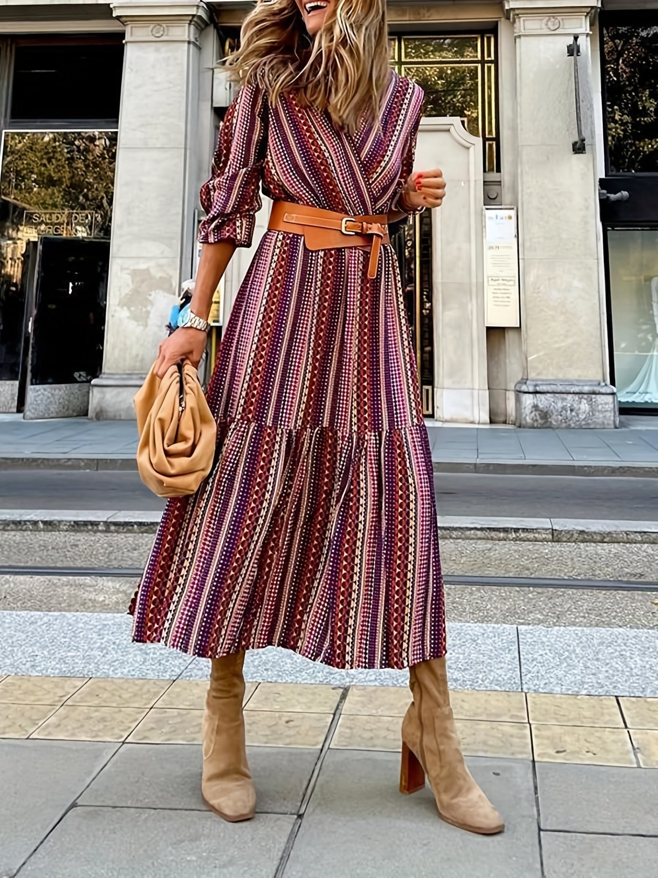 Stripe Print Long Sleeve Dress With Belt