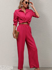 Casual Two piece Set Long Sleeve Button Up Shirt & Wide Leg Pants