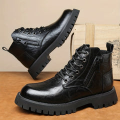 Men's Preppy Combat Boots Side Zipper Casual Lace Walking Shoes