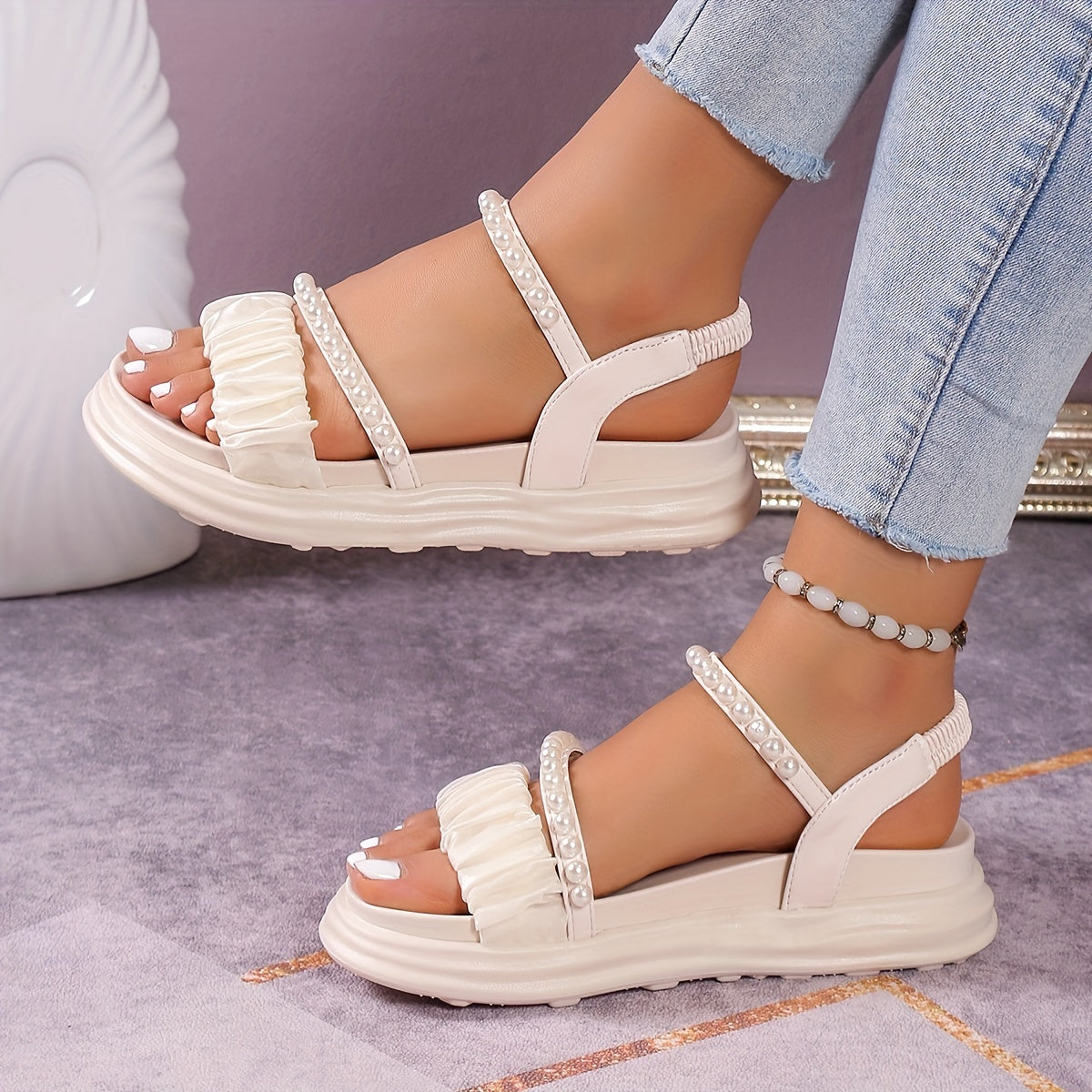 Women's Faux Pearl Platform Sandals Casual Summer Shoes